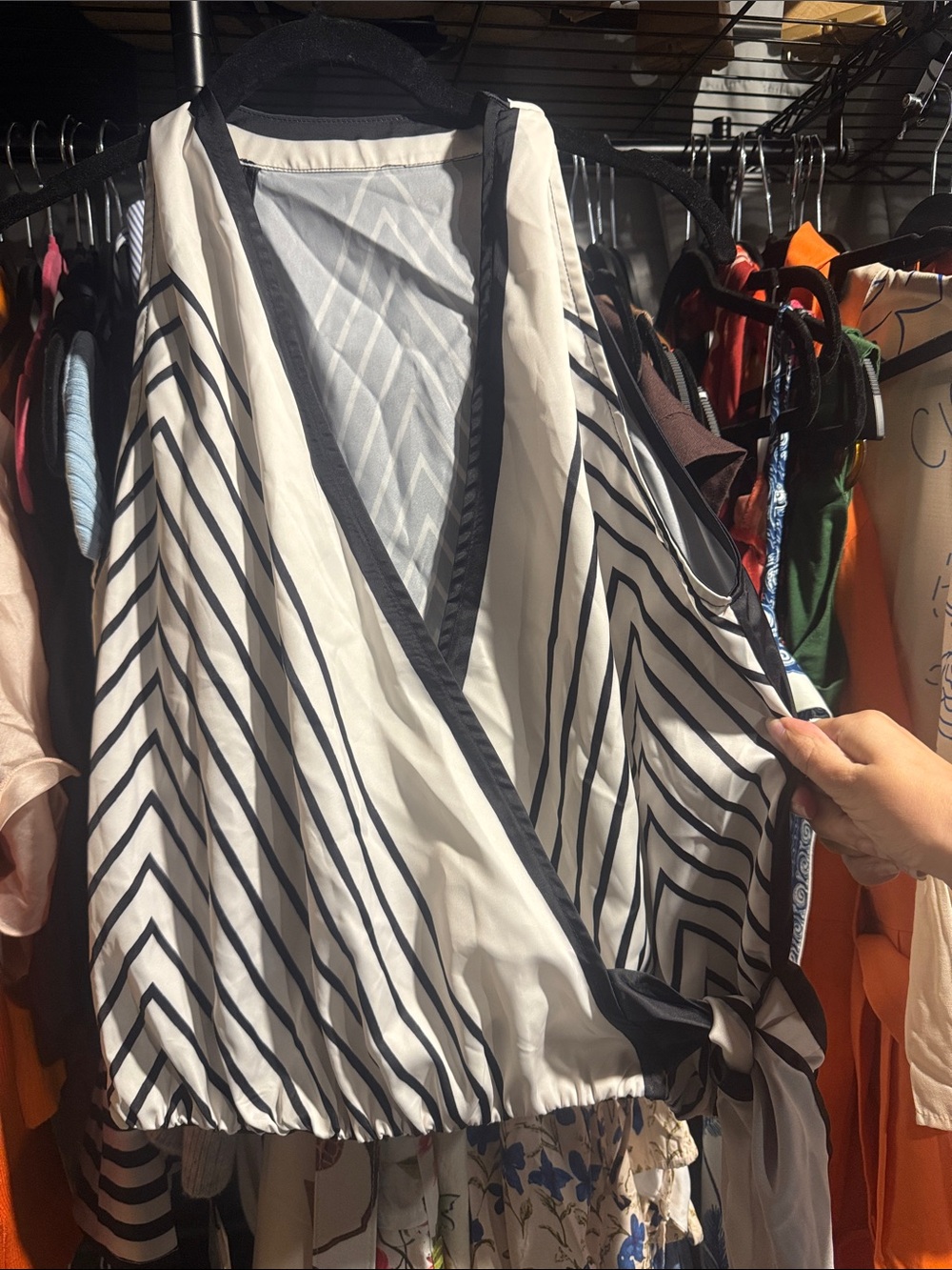 Commense Geometric Stripe Halter Wrap Tie Satin Top